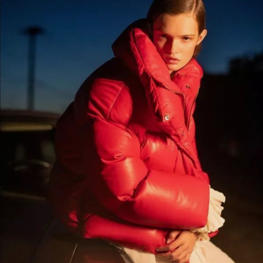 Khaite red lambskin leather down puffer jacket